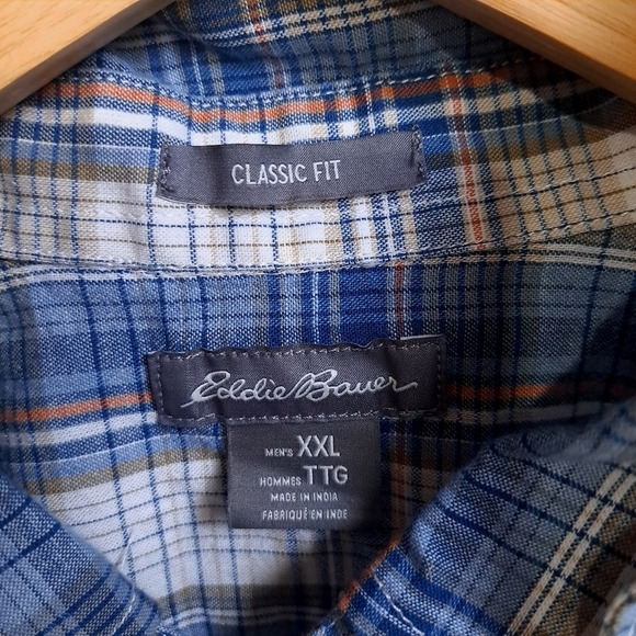 Eddie Bauer | Blue Plaid Men's button down short sleeved Shirt classic fit - Picture 7 of 10